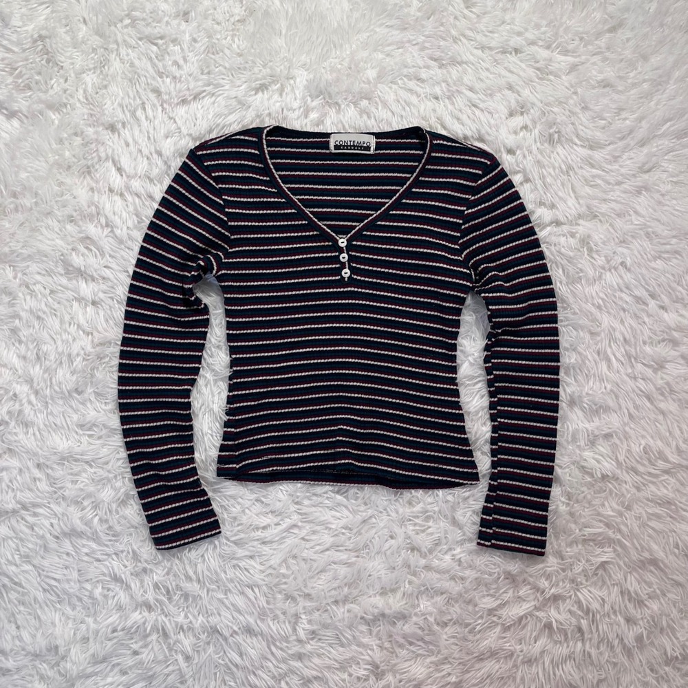 y2k 90s multicolored striped button up thermal henley long sleeve small